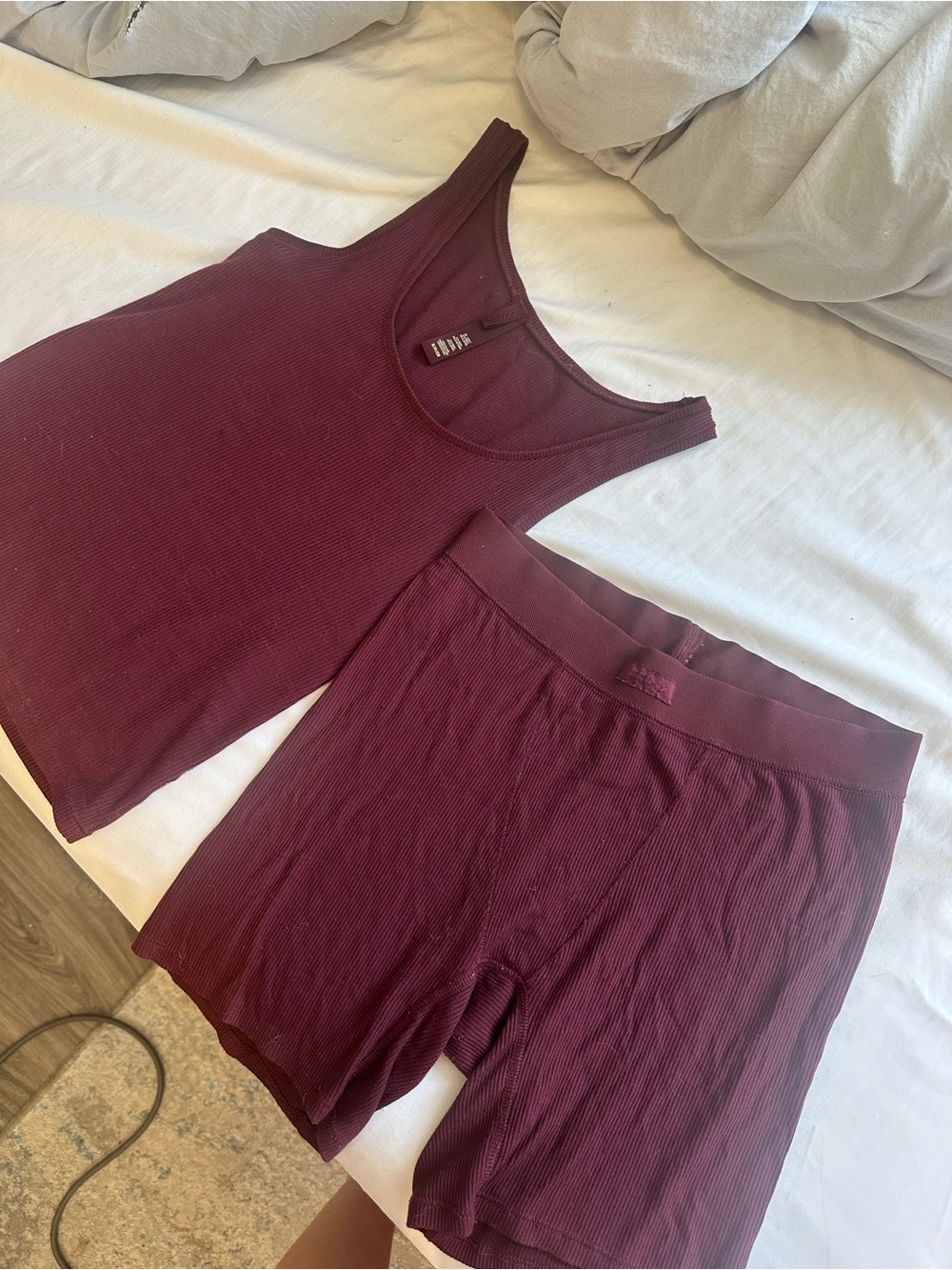 SKIMS Ribbed Tank and Boxer Short Set - Burgundy Wine